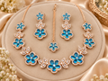 Aqua Blossom Rose Gold Necklace, Tikka & Earring Set