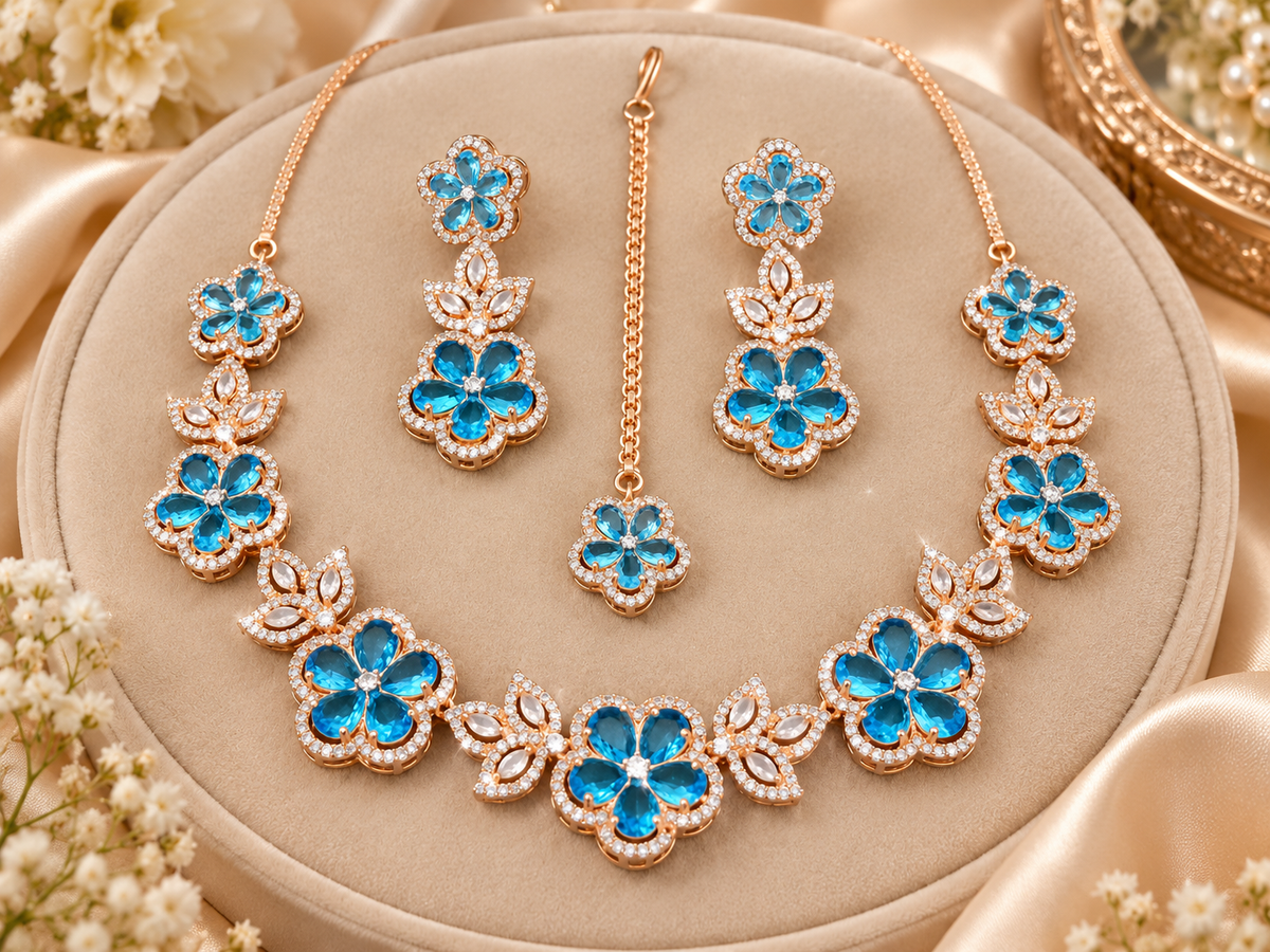 Aqua Blossom Rose Gold Necklace, Tikka & Earring Set