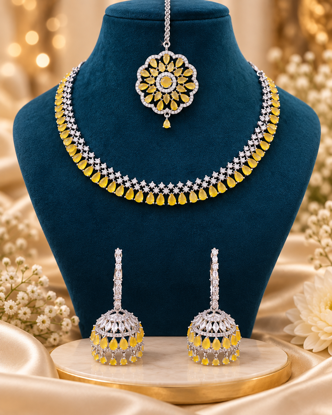 Sunshine Bloom Necklace, Tikka & Jhumka Set
