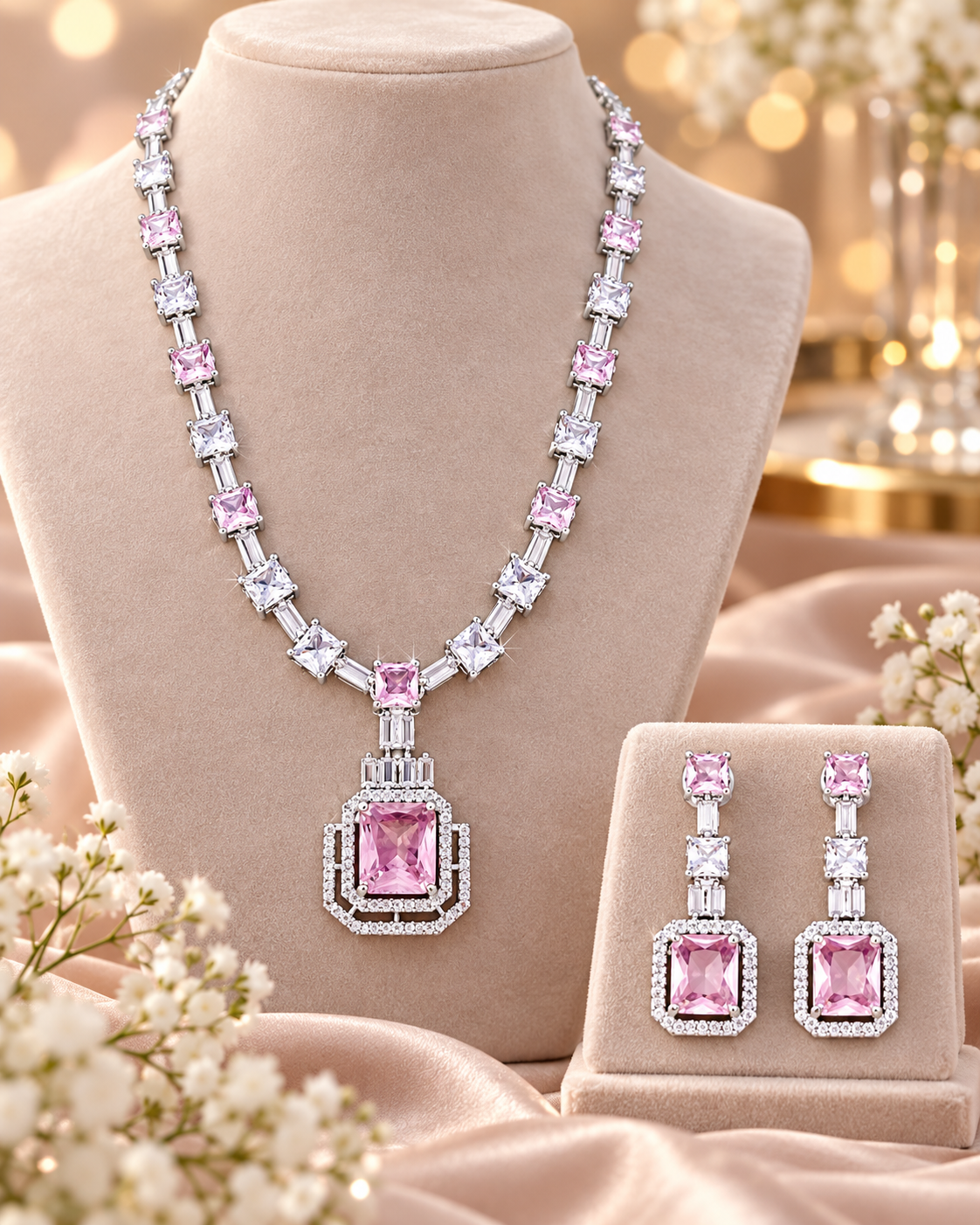 Pink Princess Crystal Pendant Necklace & Earring Set