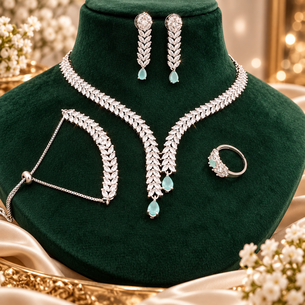 Mint Dewdrop Crystal Necklace, Earring, Bracelet & Ring Set