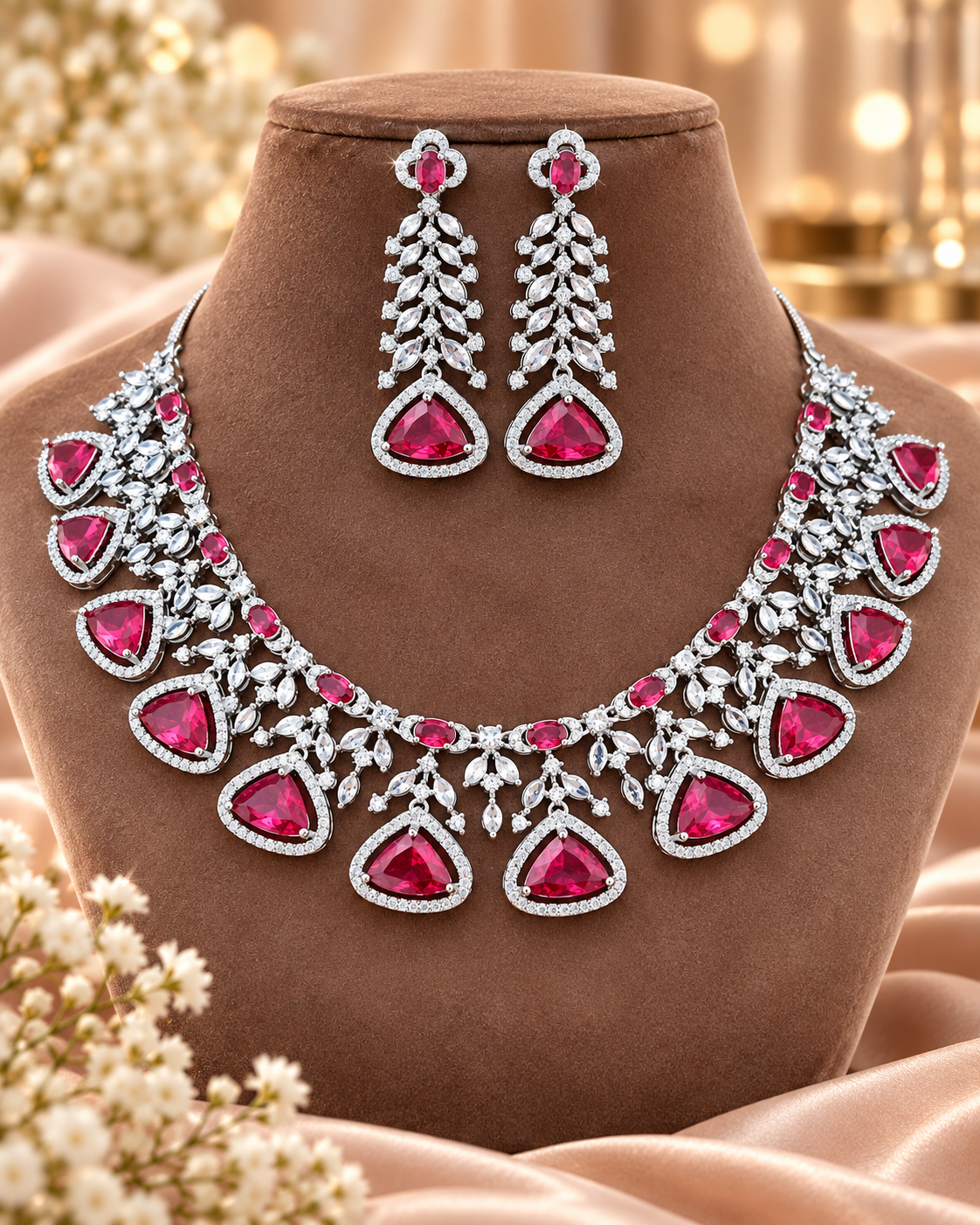 Ruby Blush Crystal Necklace & Earring Set